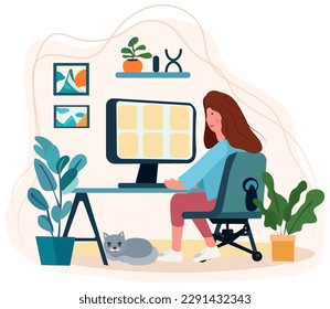 A woman efficiently working in her home office setting, sitting at her workspace, and actively communicating with colleagues through her computer screen. Embracing the remote work lifestyle. Vector.