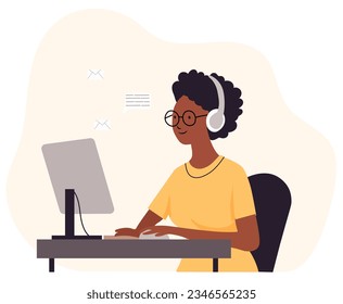 A woman efficiently working in her office setting, sitting at her workspace, and actively communicating with colleagues through her computer screen. Embracing the remote work lifestyle. Vector.