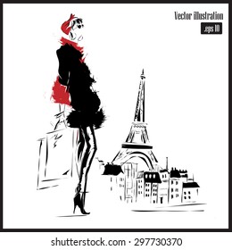 Woman with Eiffel tower on white background