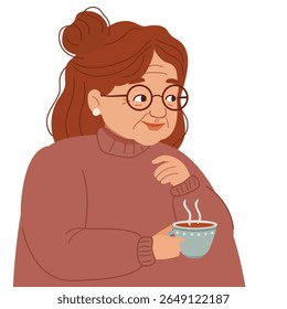 Woman elder holding a cup of hot drink. Elderly person enjoying warmth and comfort. Senior health and wellness illustration for retirement concept.