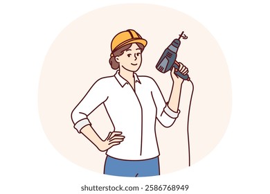 Woman with electric drill and hardhat for construction work or renovation premises is dressed in formal clothes. Girl foreman or construction company manager posing with equipment to create holes