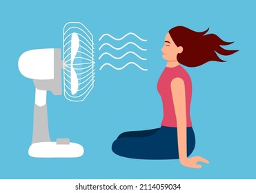 Woman With Electric Fan Blowing In Flat Design. She Exhausted Of Hot Summer Day. Tired Female Need Wind Blow.