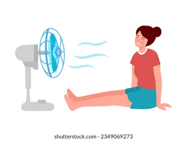 Mujer con ventilador eléctrico sonando en diseño plano. Ella se cansó del caluroso día de verano. La hembra cansada se siente más cómoda frente a un golpe de viento.