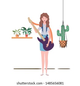 woman with electric guitar and houseplants on macrame hangers of background