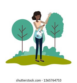 woman with electric guitar in landscape character