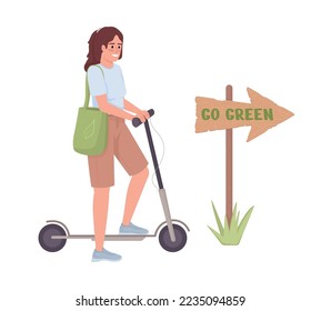 Woman with electric scooter semi flat color vector character. Editable figure. Full body person. Simple cartoon style illustration for web graphic design and animation. Nerko One Regular font used