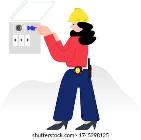 Woman electric worker inspecting electricity system, female professional on work.