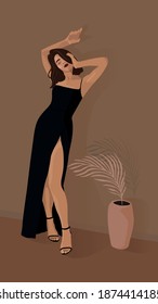 woman in elegant black evening dress with open leg