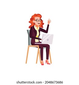 woman in elegant clothes laughing from funny picture on laptop cartoon vector. woman in elegant clothes laughing from funny picture on laptop character. isolated flat cartoon illustration