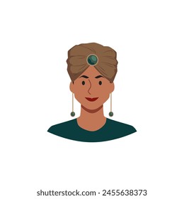 A woman with an elegant demeanor is illustrated wearing a tasteful turban adorned with a central jewel, complemented by matching earrings, in a refined vector portrait.