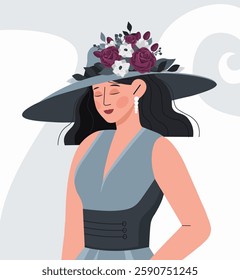 Woman in elegant dress and floral hat, flat graphic style, on a light background. Concept of fashion and elegance. Vector illustration