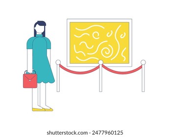 Woman in elegant dress and handbag looking at an abstract painting. Character design. Vector flat illustration