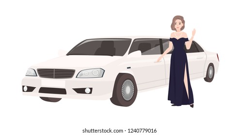 Woman in elegant evening dress standing beside luxury limousine. Female celebrity and her luxurious car or automobile isolated on white background. Colorful vector illustration in flat cartoon style.