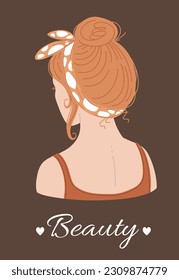 Woman and elegant hairstyle    bun   handkerchief  poster and beauty test  flat vector illustration  Female back   head  trendy hairstyle   accessories 