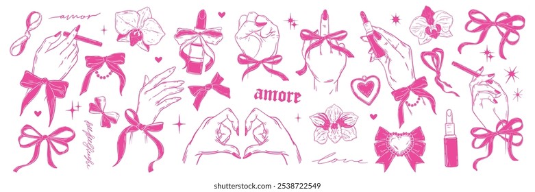 Manos elegantes de la mujer, juego de gestos de brazo femenino de línea de garabatos de Vector, lazo de cinta coqueto rosa, lápiz labial. Señal de amor, logotipo de la muchacha del feminismo, elemento romántico del diseño, flores. Manos de mujer estampado estético