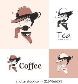 Una mujer con un sombrero elegante bebe café o té. Ilustración vectorial de estilo retro. Opciones del logotipo.