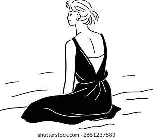 A woman in an elegant open-back dress sitting and looking over her shoulder. Minimalist line art illustration of a serene and thoughtful moment.