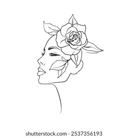 Woman Elegant Portrait with Flowers on Head Trendy Line Art Drawing. Abstract Woman Face Linear Vector Illustration. Minimalistic Black Lines Drawing. Vector EPS 10