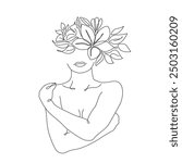 Woman Elegant Silhouette with Flowers on Head Trendy Line Art Drawing. Abstract Woman Fashion Portrait Linear Vector Illustration. Minimalistic Black Lines Drawing. Vector EPS 10