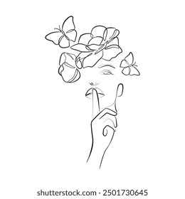 Woman Elegant Silhouette with Flowers on Head Trendy Line Art Drawing. Abstract Woman Fashion Portrait Linear Vector Illustration. Minimalistic Black Lines Drawing. Vector EPS 10