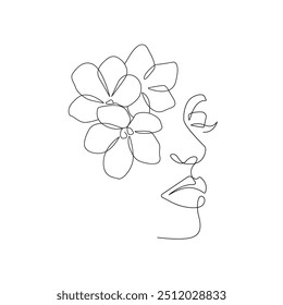 Woman Elegant Silhouette with Flowers on Head Trendy Line Art Drawing. Abstract Woman Fashion Portrait Linear Vector Illustration. Minimalistic Black Lines Drawing. Vector EPS 10