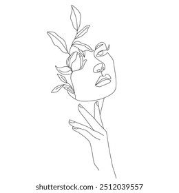 Woman Elegant Silhouette with Flowers on Head Trendy Line Art Drawing. Abstract Woman Fashion Portrait Linear Vector Illustration. Minimalistic Black Lines Drawing. Vector EPS 10
