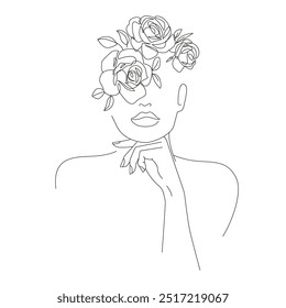 Mulher Silhueta Elegante com Flores na cabeça Trendy Line Art Drawing. Moda mulher abstrata Retrato Linear Vetor Ilustração. Desenho Minimalista De Linhas Pretas. Vetor EPS 10