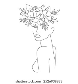 Woman Elegant Silhouette with Flowers on Head Trendy One Line Drawing. Abstract Woman Fashion Portrait Linear Vector Illustration. Minimalistic Black Lines Drawing. Vector EPS 10