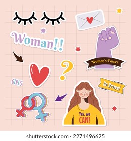 Woman element sticker set with concept of love letter, heart shape, eye lashes. cute sticker illustration on pink and white background.