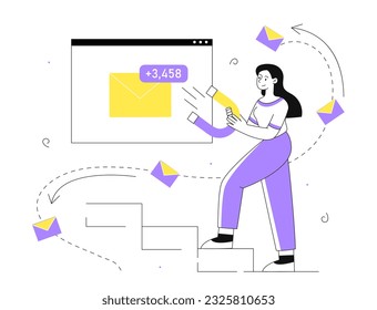 Woman with email capture line concept. Business correspondence, promotion of goods on Internet. Electronic commerce and marketing. Customer acquisition. Linear flat vector illustration