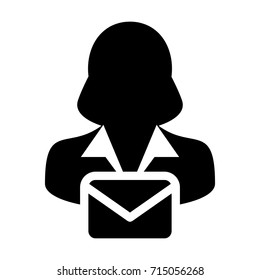 Woman Email Icon vector with person female symbol profile avatar for send and receive mail message for business in Glyph Pictogram illustration