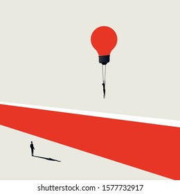 Woman emancipation in business vector concept. Overcoming challenges and creative solutions symbol. Businesswoman flying lightbulb balloon. Eps10 illustration.