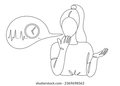 A woman is embarrassed by her own stuttering. Acceptance of people with special needs. International Stuttering Awareness Day. One line drawing for different uses. Vector illustration.