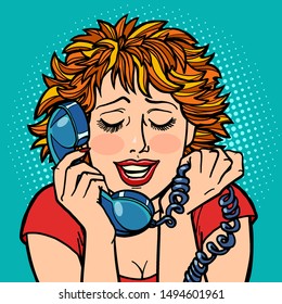 woman embarrassed embarrassment shame. telephone conversation. Comic cartoon pop art retro vector illustration drawing