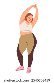 Mujer, encarnando la positividad corporal y la autoaceptación. Bienestar y acondicionamiento físico, diversidad y empoderamiento en la salud personal. Ilustración vectorial plana.