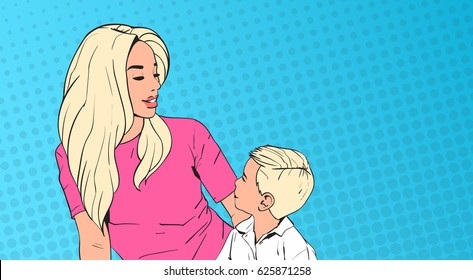 Woman Embrace Child, Mother With Son Over Pop Art Retro Pin Up Background Vector Illustration