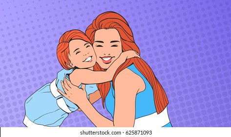 Woman Embrace Small Girl, Mother With Daughter Over Pop Art Retro Pin Up Background Vector Illustration