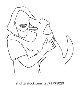 Woman Embraces Golden Retriever One 
Line Drawing, Canine Love, Affectionate Pet