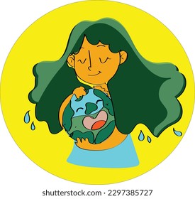 woman embraces green planet Earth with care and love