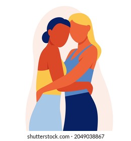 A woman embraces her friend and they look to each other. Concept of fighting for equality and female empowerment movement. Vector illustration. Two girlfriends hugging