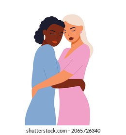 A woman embraces her friend and they look to each other. Concept of fighting for equality and female empowerment movement. Vector illustration. Two girlfriends hugging. Multi-ethnic friendship. 