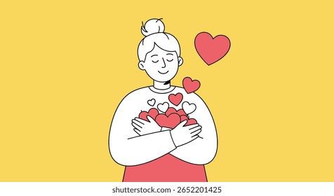 A woman embraces herself surrounded by floating hearts in a symbol of self love and inner peace