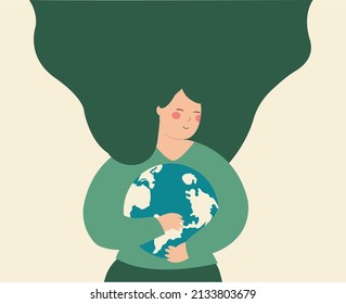 Woman embraces and holds the mother earth. Young girl cares the green planet. Illustration of Earth day and saving planet. Nature and environment protection and energy saving concept. Vector stock.