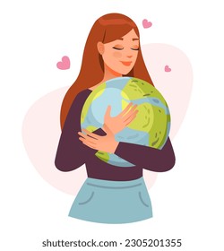 A woman embraces the planet earth. Ecology concept. Save the earth. Cartoon vector illustration.