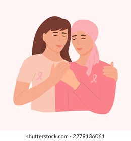 The woman embraces the sick friend. Breast Cancer awareness month concept of support and solidarity with women fighting oncological disease. Vector illustration