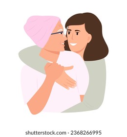 The woman embraces the sick old mother. Breast Cancer awareness month concept of support and solidarity with women fighting oncological disease. Vector illustration