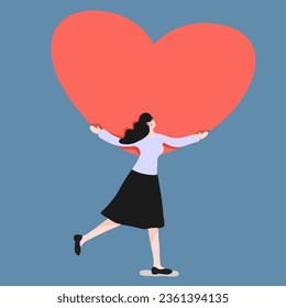 Woman embracing a big red heart