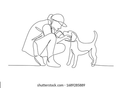 Woman Embracing Dog In Continuous Line Art Drawing Style. Pet Lover Black Linear Sketch Isolated On White Background. Vector Illustration