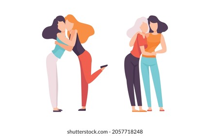 Woman Embracing Each Other Soothing and Supporting Vector Illustration Set