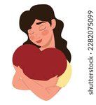 woman embracing a heart over white